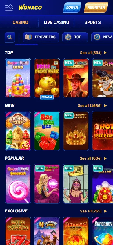 Wonaco Casino mobile games area with pokies and live casino options