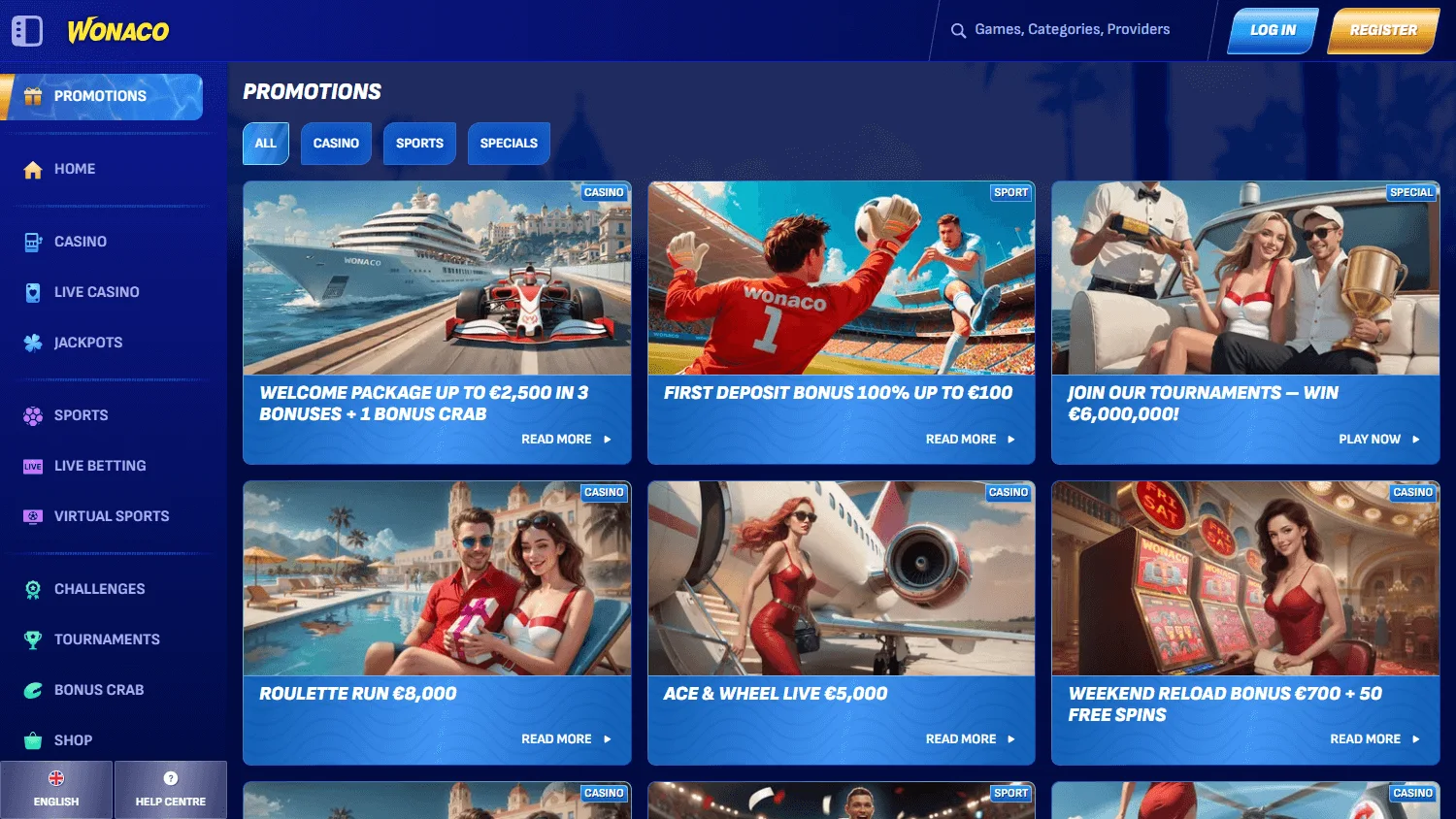 Wonaco Casino desktop promotions area with welcome rewards and ongoing campaigns
