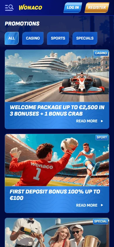 Wonaco Casino mobile promotions area with welcome and VIP rewards