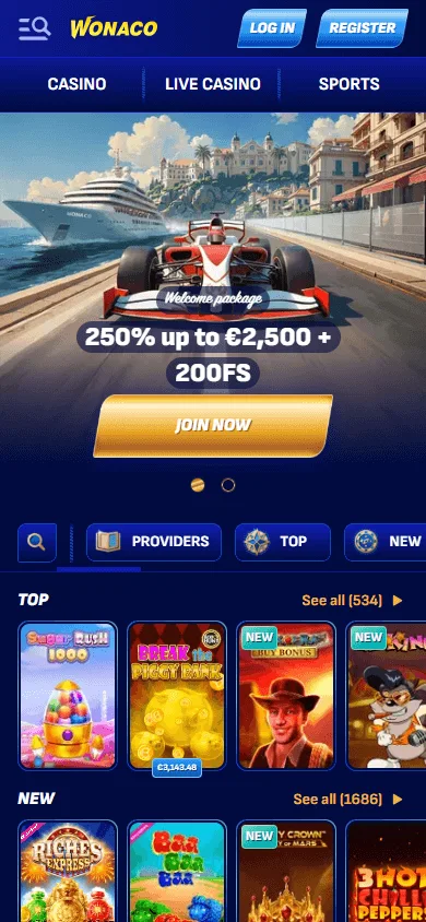 Wonaco Casino mobile-responsive home experience on a smartphone