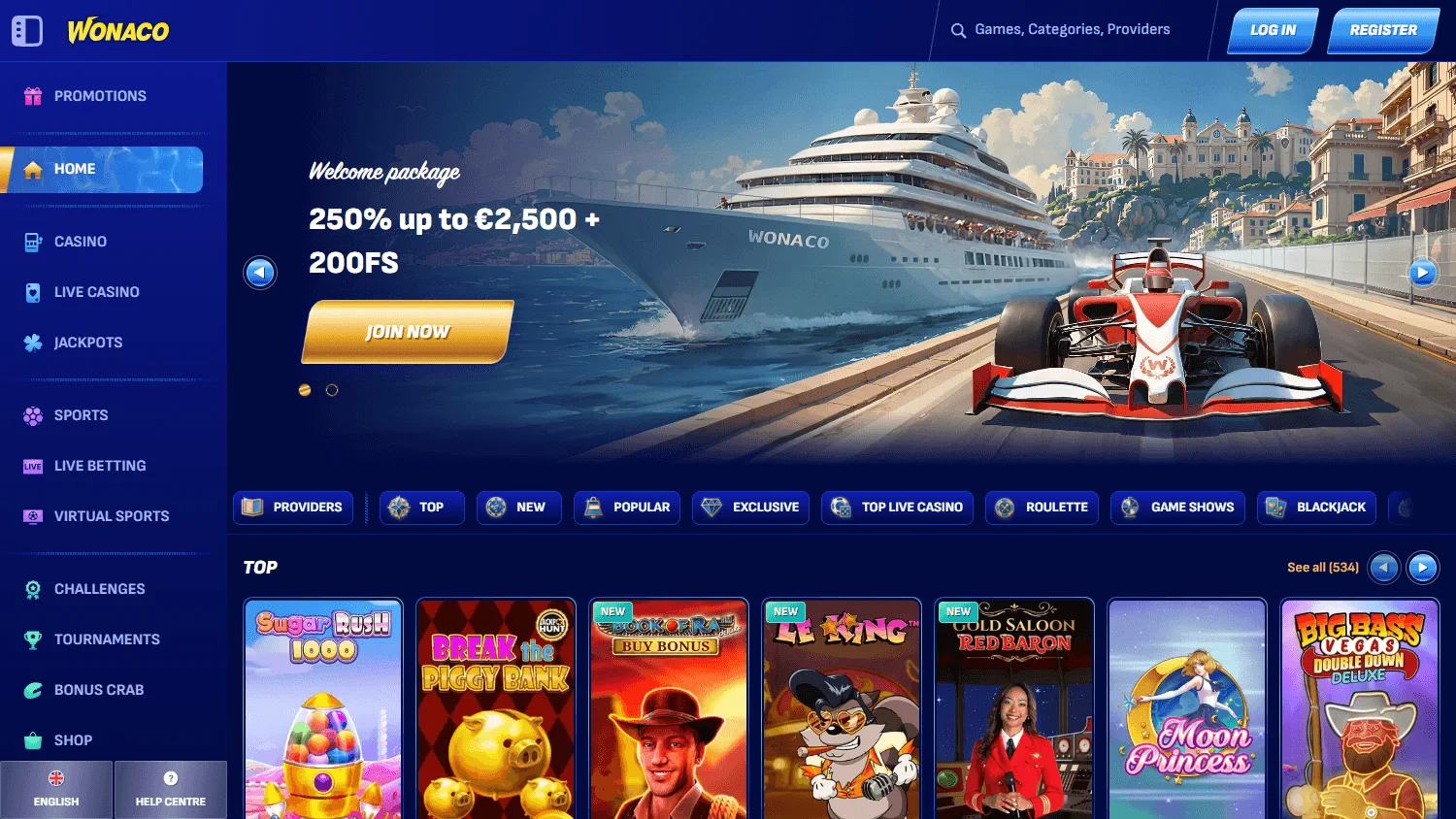 Wonaco Casino desktop home experience with casino content and support access