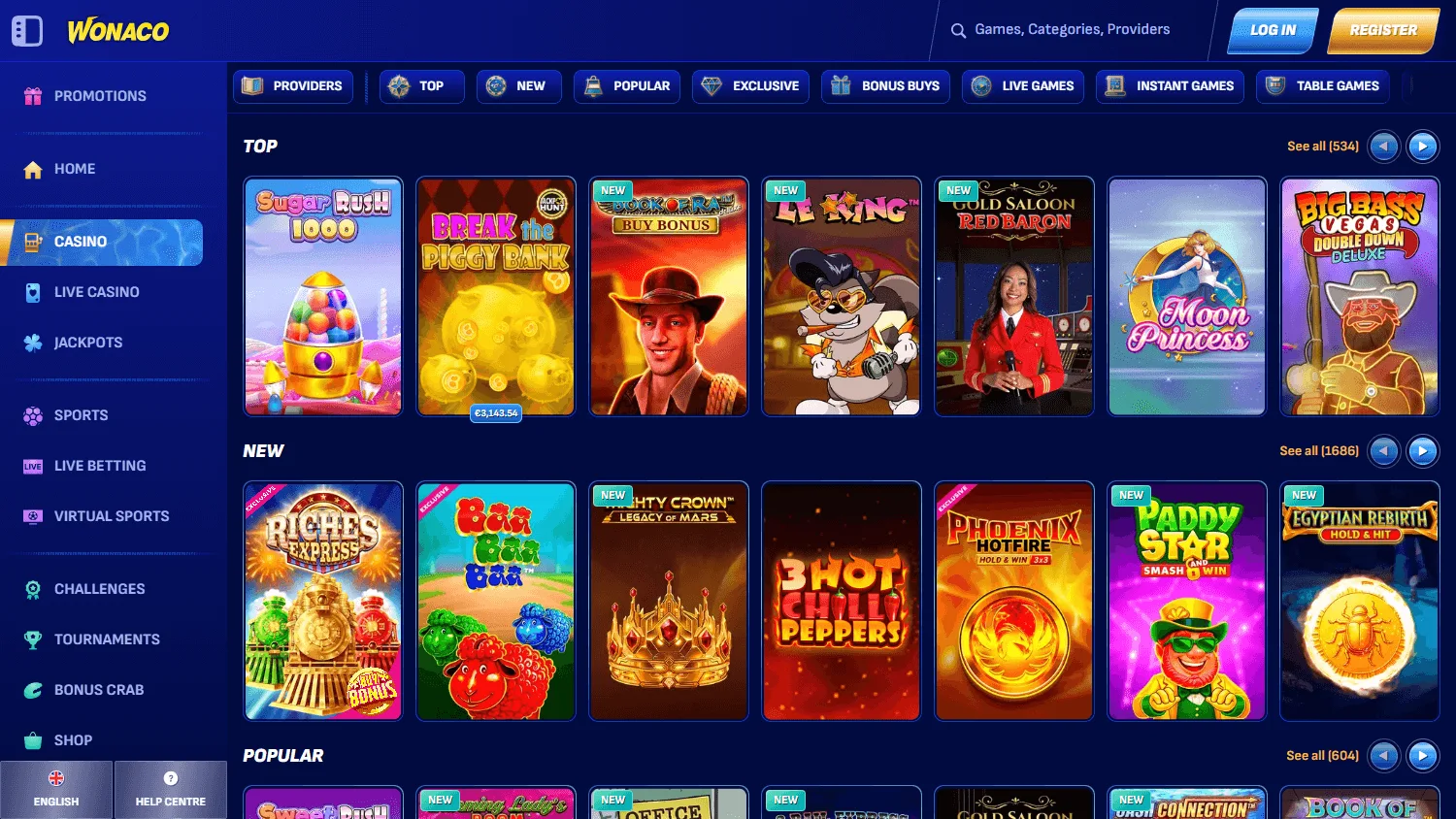 Wonaco Casino desktop games area with pokies, live casino and table game categories